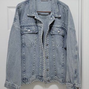 Denim Trucker Jacket Embellished With Pearl Beading Details XL